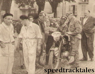 Photo - Busy scene as German competitor Franz Ischinger refuels his DKW two-fifty at Mosso Santa Maria ISDT 1951 (speedtracktales archive)
