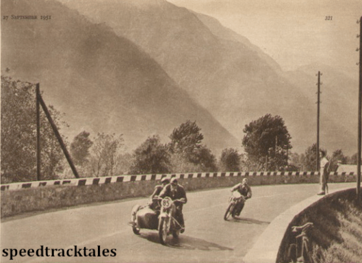 Photo - IN the shadow of the mountains; G Keitel (Zündapp sc) and HP Müller (DKW) seen near Vogogna ISDT 1951 (speedtracktales archive)