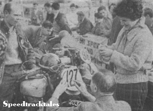 Photo - The number goes up on #127 D M Schmidts 250cc BSA. ISDT 1961