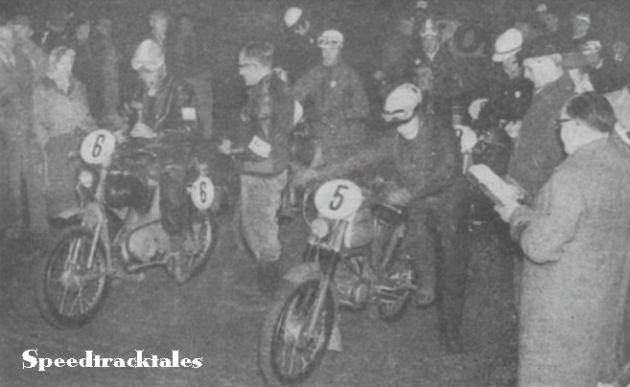 Photo - At 6:35am #5 G Sengfelder of West Germany gets the signal to start his 49cc Zundapp while Swiss Vase teamster #6 H Haller waits with his 49cc Kreidler. ISDT 1961