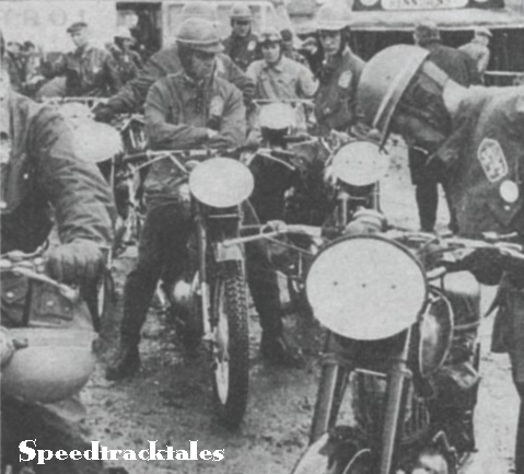 Photo - Czechoslovak riders line up for the weigh in with their immaculate Jawas and CZs. ISDT 1961