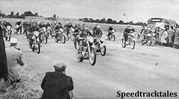 photo - Start of the one hour speed test at Madley airfield. Riders in the foreground are #286 BHM Viney (498 AJS), #152 M den Haan (248 Puch), Netherlands and #288 PH Alves ISDT 1954 (Speedtracktales Archive)