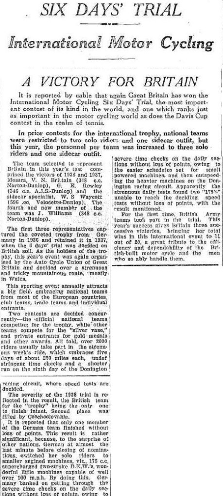 image - scanned article from the 'Maitland Daily Mercury' New South Wales, Australia reporting the victory of the British Trophy team and the unexpected overwhelming of a strong German team in the ISDT 1938