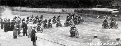 Photo the start of the competitors in the first group at the final speed test at Donnington on Saturday ISDT 1938 (Speedtracktales Collection)