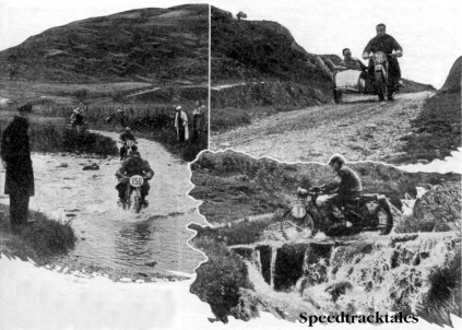 Photo A fine view of the Tregaron splash with the mountain, down which the riders have to descend, in the background. The Mariners are #150 the German W Mundhenke (BMW) and #13 his compatriot H Herrman (DKW) Top right - #56 H Zuur of Holland about to take his BMW outfit down Tregaron Hill. Lower right - #51 FE Thacker (Triumph) of our Vase 'B' team in a picturesque setting. ISDT 1938 (Speedtracktales Collection)