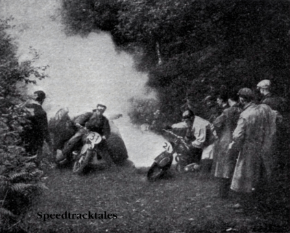 Photo - Part of the melee on Fron Bache. The Germans #21 U Pohl (DKW) and #31 W Gabriel (Triumph) are in front and behind is the Swede #87 A Lauren (BMW) ISDT 1938 (Speedtracktales Collection)