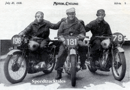 Photo from BSA advert of the Royal Tank Corps team of Cpl FM Rist, Cpl R Gillam and Sergt JT Dalby winners of the 'Motor Cycling' Trophy ISDT 1938 (Speedtracktales Collection)
