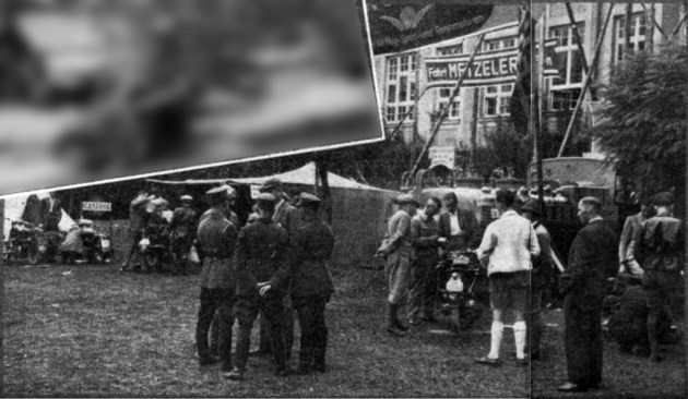 Photo - German Army Officers and Storm Troopers look on at the weighing-in at Partenkirchen.  ISDT 1934 (Speedtracktales Collection)