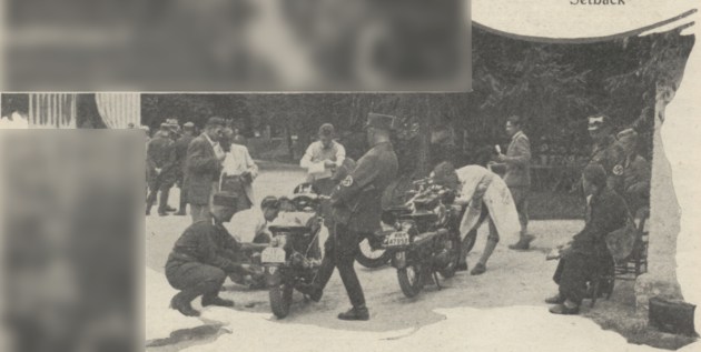 Photo - An army officer "kicks" a D.K.W. Sitting down on the right (with knapsack) is Frau Thouret who is competing on a D.K.W.  ISDT 1934 (Speedtracktales Collection)