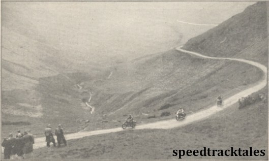 photo - It was unusual to find riding numbers running in sequence miles away from the start. Here are Nos #73, #74 and #75 C.N Rogers (346 Royal Enfield) H Fruth (494 BMW) and E Gordon Bennett (497 Ariel) on Bwlch y Groes ISDT 1938 (Mortons Archive)