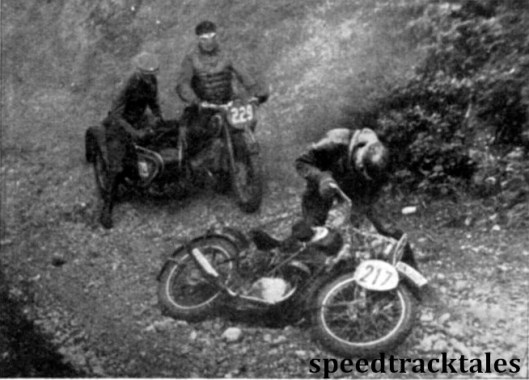 Photo - Where a sidecar is more stable than a solo. #229 H Zuur (600 BMW sc) has to wait to allow #217 L Wohlfahrt (245 Zundapp) to regain an even keel after a fall on the loose stones of the 'road'. ISDT 1939 (Speedtracktales Archive)