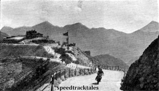 Photo - Near the top of the Grossglockner Pass, with the 'Fuscher Tori' mountain hut in the background. The competitor is #177 A Weber (242 NSU) ISDT 1939 (Speedtracktales Archive)