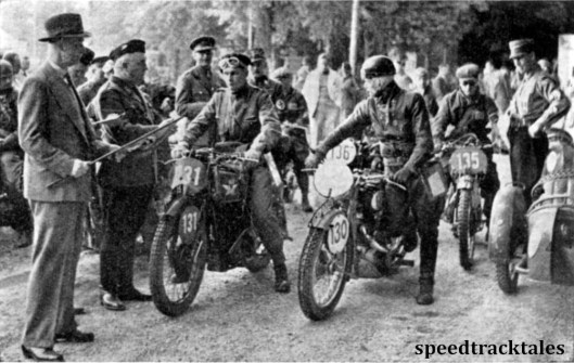 Photo - under the eyes of many other important officials, Major Watling gives a starting signal to #131 BQMS E Smith (347 Matchless), and #130 G Dotterweich (342 Victoria). Behind is #135 GE Rowley (347 AJS) of the British Trophy Team ISDT 1939 (Speedtracktales Archive)