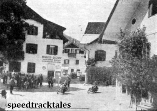 Photo - Typical of many villages through which the trial passed was Hof, seen above. The machines are lightweights - a Puch and a DKW - ridden by #250 P Günther and #233 G Sandküler. ISDT 1939 (Speedtracktales Archive)