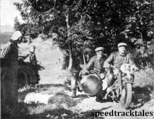 Photo - A good idea of the difficulties that the sidecar competitors had to face can be obtained from this picture of #44 K Döbereiner (750 BMW sc) tackling the run into Sudetenland. ISDT 1939 (Speedtracktales Archive)