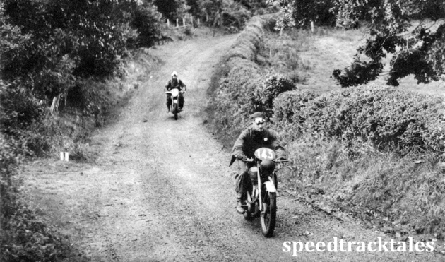 Photo - #143 TF Collingwood (348 BSA) and A Ormesher (348 BSA) in one of the many twisting hedged lanes ISDT 1950 (Speedtracktales Archive)