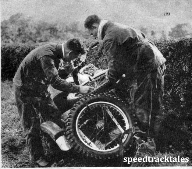 Photo - Trouble on route AG Brown (490 Norton sc) and his passenger in bother with a damaged sidecar wheel ISDT 1950 (Speedtracktales Archive)