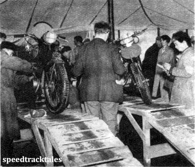 Photo - a glimpse inside the marquee where the machines had their components sealed. ISDT 1950 (Speedtracktales Archive)