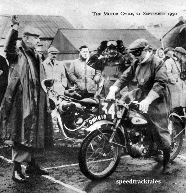 Photo - Lieut (E) D Horton (123 BSA) awaits the signal to start. Behind him is the Austrian Trophy team rider S Cymral (248 Puch) ISDT 1950 (Speedtracktales Archive)