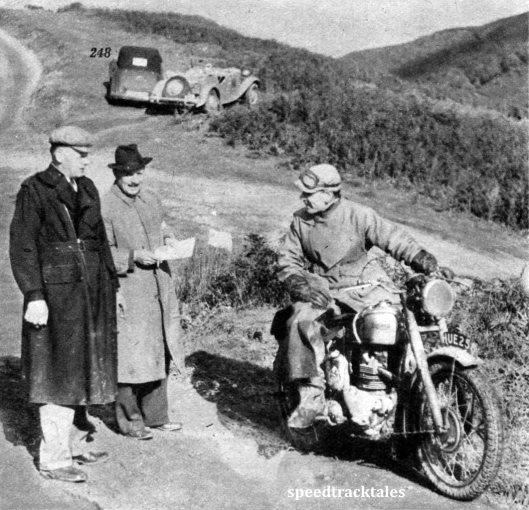 Photo - Chat near the check George Wilson with the Triumph [HUE 258], Fred Anning on the left and Frank Jarman ISDT 1950 (Speedtracktales Archive)