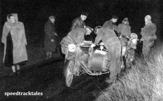Photo - Night-run scene of HR Taylor (Sunbean sc) and #107 B Nystrom (Royal Enfield) ISDT 1950 (Speedtracktales Archive)