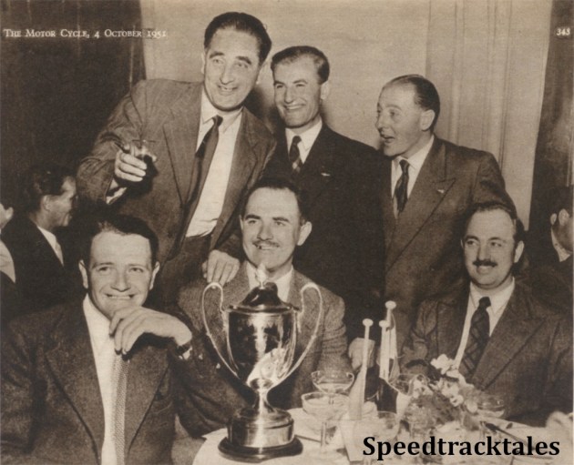 photo -Hail, the victors! A jolly, informal picture of the Trophy Team after their success ISDT 1951 (Speedtracktales Collection)