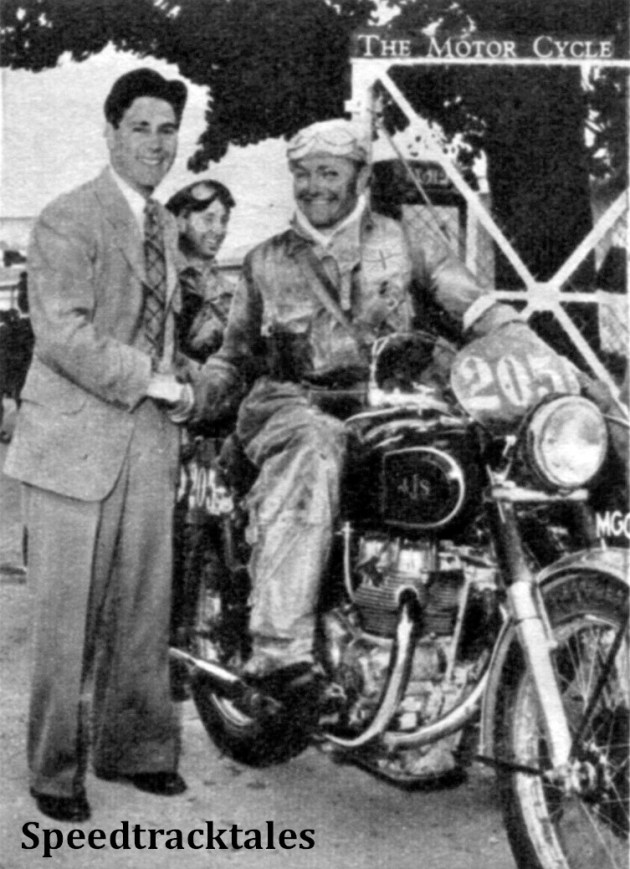 photo - Geoff Duke greets #205 Hugh Viney ISDT 1951 (Speedtracktales Collection)