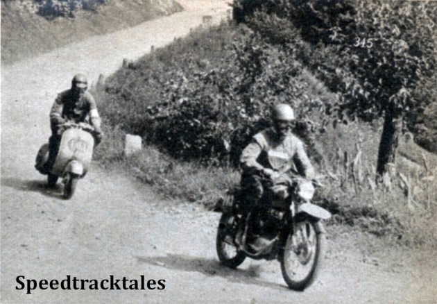 photo - F. D'Ignazio (125 Morini) and M. Riva (125 Vespa) on a dusty road near Valeso ISDT 1951 (Speedtracktales Collection)