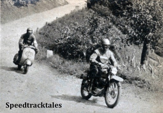 photo - F. D'Ignazio (125 Morini) and M. Riva (125 Vespa) on a dusty road near Valeso ISDT 1951 (Speedtracktales Collection)
