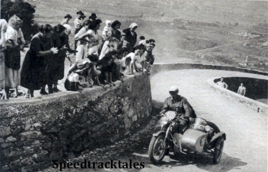 photo - Everywhere the people turned out to watch the competitors. Picture shows R. Wagger (646 B>S>A> sc) cornering at speed ISDT 1951 (Speedtracktales Collection)