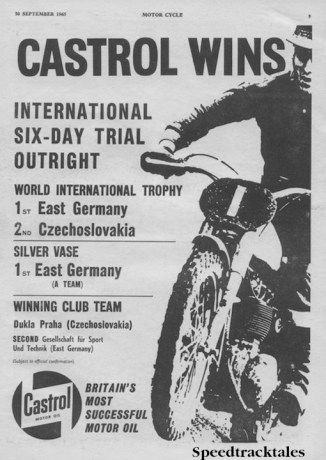 Image of scanned advert for ISDT 1965 success by Castrol