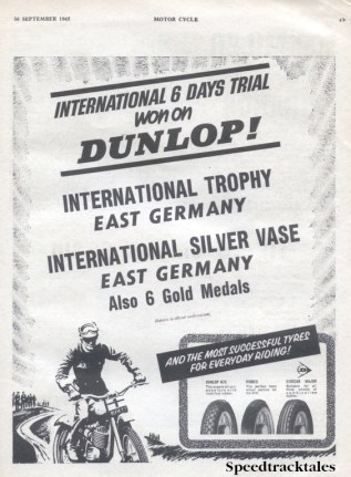 Image of scanned advert for ISDT 1965 success by Dunlop