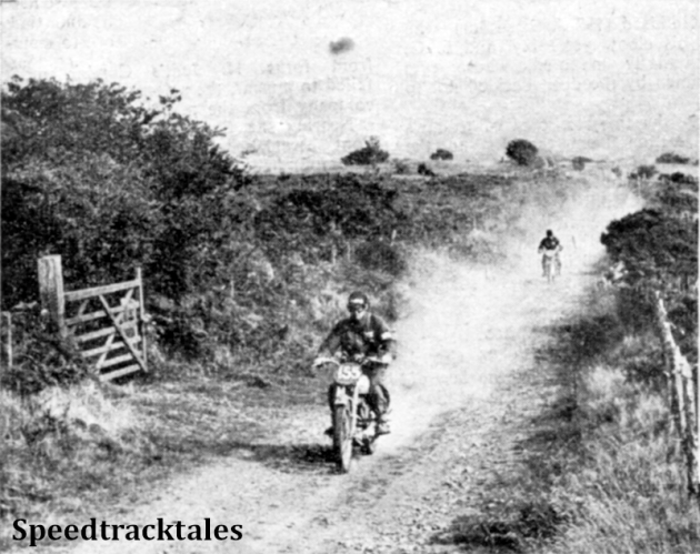 Photo - Along the dust-laden narrow road near Trecastle comes S B Manns (Triumph) followed by the Hungarian rider L Kochcsis 124cc Csepel ISDT 1949 (Speedtracktales Collection)