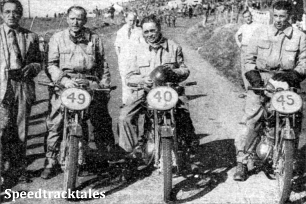 Photo - A victorious Vase team that Czechoslovakia may well be proud of ( L to R) #49 F Blaha, #40 J Krcmar and #45 E Marha. Each rode a 125cc CZ Two-stroke. With them is Adolf Tuma the team manager. ISDT 1949 (Speedtracktales Collection)