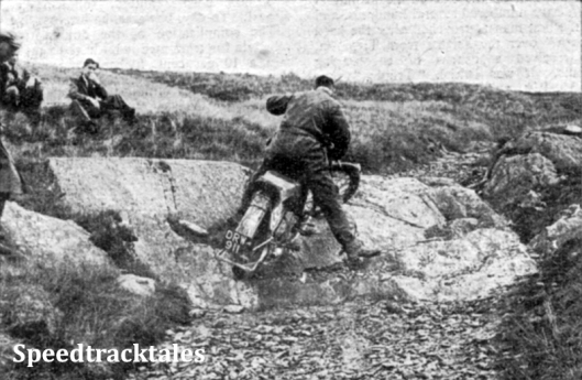 Photo - Waen y Gadfa, A Rudge on the rocks with Civil servant JH Lennon (Rudge) [DRW 911] ISDT 1949 (Speedtracktales Collection)