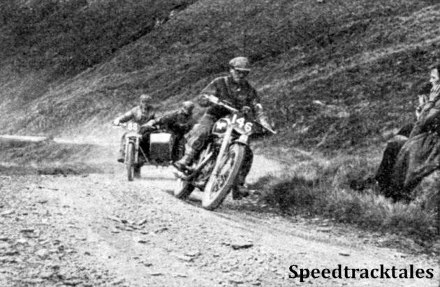 Photo - #146 Ted Usher (Matchless) climbs Bwlch y Groes followed by #88 A J Humphries (Norton sc) ISDT 1949 (Speedtracktales Collection)