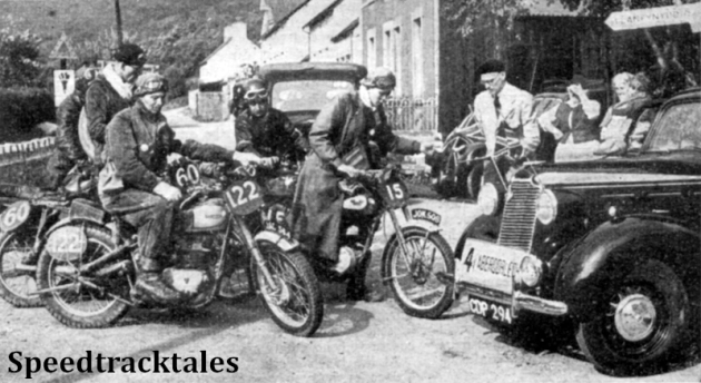 Photo - A scene at Abergorlech on Tuesday's run. Interested local residents watch the ACU official check-in #13 Johnny Britain (James) while #122 AF Gaymer (Triumph) Britian's Vase A Team member, #60 RS O'Neill (Velocette) and others queue up. ISDT 1949 (Speedtracktales Collection)