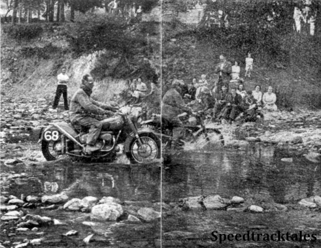 Photo - Riding a Sunbeam twin combination, veteran 'Internationalist' Harold Taylor crosses Abergwesyn Splash on Wednesday behind E.H Bently (BSA) ISDT 1949 (Speedtracktales Collection)