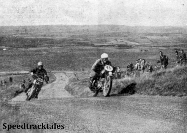 Photo - On Saturday's Eppynt speed test #45 E Marha ( 125cc CZ) of the Czech Vase team, with coming up fast astern #155 SB Manns (Triumph, one of Britian's Vase men ISDT 1949 (Speedtracktales Collection)