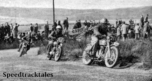 Photo - Eppynt Speed Test Circuit #211 EH Stephens (347 Matchless) leads #72 A Dufek (259 Jawa) and #232 F Ridyard (348 BSA) round Dixie's Corner ISDT 1949 (Speedtracktales Collection)