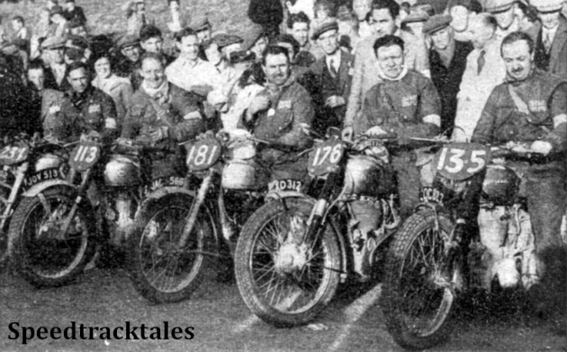 Photo - Men and models who retained the International Trophy for Great Britain (L to R) Charlie Rogers (Royal Enfield) Fred Rist (BSA), Jim Alves (Triumph, Hugh Viney (AJS) and Bob Ray (Ariel). Behind Viney stands Len Heath, team manager ISDT 1949 (Speedtracktales Collection)
