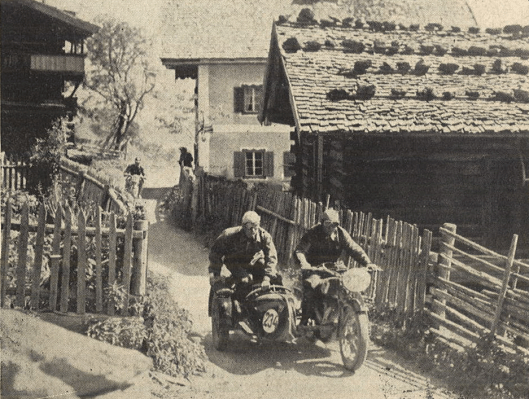 Photo - Here you can see for yourself, whether there was much space for the sidecar outfits! The outfit is the 600cc NSU of  #234 NSKK Oberscharführer [comparable to Sergeant] Oettinger. The NSU Team, otherwise belonging to the outmost reliable teams we know in the off road motorcycling, had a lot of trouble with their machines blowing out at the cylinder heads, By the way, only Dunz had been excluded from these damages, as he repeatedly had retightened his cylinder head at the beginning of the event,,,The second man shown is NSKK-Oberscharführer [comparable to Sergeant] Boden from Motorgruppe Sachsen [NSKK Motor Group Saxonia] on DKW 248 cc. ISDT 1939 (das Motorrad)
