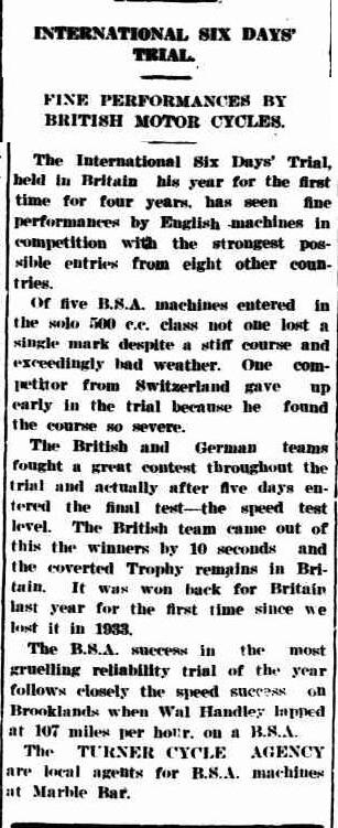 image - scanned article from 'the Northern Times' of Carnarvon, Western Australia comments on the ISDT 1937