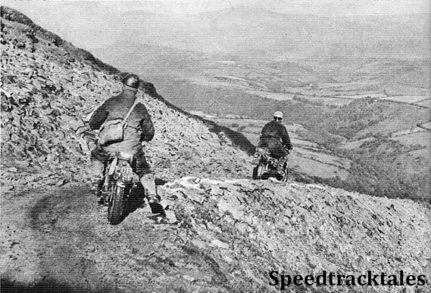 photo - T. de Vos (248 Puch) leads G. Pickering (148 BSA) along a loose mountain path during Thursday's run in North Wales ISDT 1954 (Speedtracktales Archive)