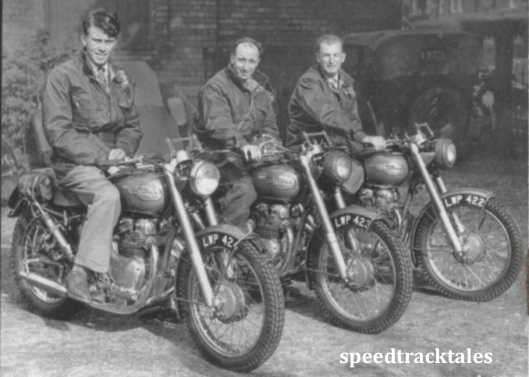 photo - the victorious ROYAL ENFIELD 1953 team: Johnny Brittain (Trophy) [LWP 424], Don Evans (Vase A) [LWP 423], and Jack Stocker (Trophy) [LWP 422], all mounted on 500 twins - ISDT 1953 (Speedtracktales collection)