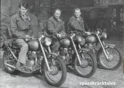photo - the victorious ROYAL ENFIELD 1953 team: Johnny Brittain (Trophy), Don Evans (Vase A), and Jack Stocker (Trophy), all mounted on 500 twins