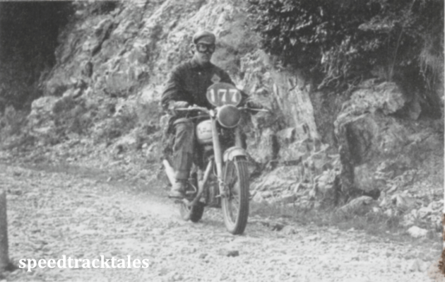 photo - W Clarke, (Irish Vase Team) amid the mountainous terrain and extremely rough road surfaces which characterised the 1951 event in Italy. ISDT 1951 (Speedtracktales collection)