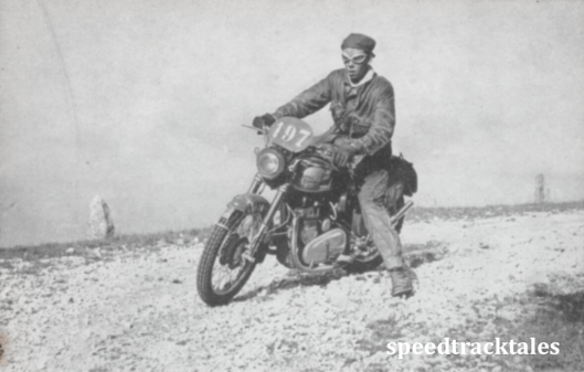 photo - Altitude 2000 ft. - with #197 Johnny Brittain ("500 Twin") making very sure over this tricky section ISDT 1951 (Speedtracktales collection)