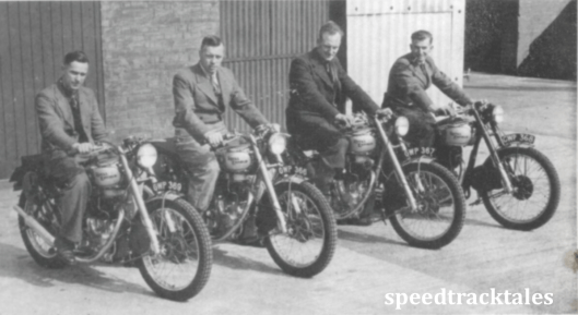 photo - Royal Enfield riders in the 1948 event. Left to right Charlie Rogers and Vic Brittain (Trophy Team members) Tom Ellis (reserve) and Jack Stocker (Vase A team) ISDT 1948 (Speedtracktales collection)