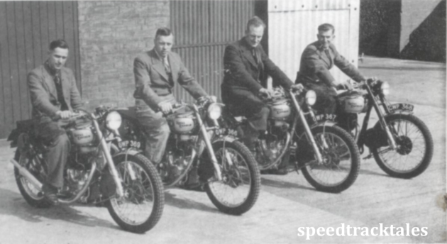 photo - Royal Enfield riders in the 1948 event. Left to right Charlie Rogers and Vic Brittain (Trophy Team members) Tom Ellis (reserve) and Jack Stocker (Vase A team) ISDT 1948 (Speedtracktales collection)